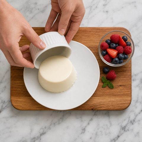 Panna cotta desmoldándose sobre un plato de servicio