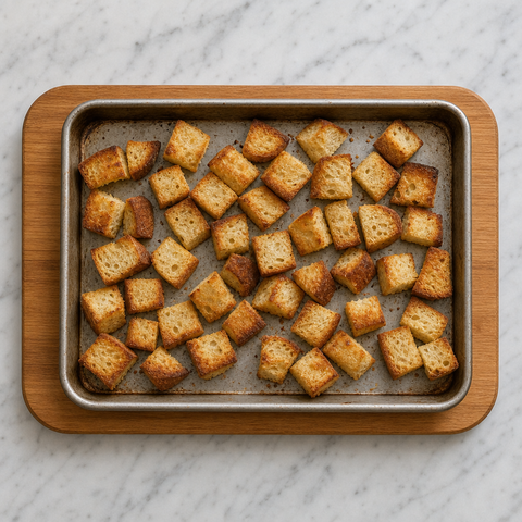 Golden toasted bread cubes cooling on a baking sheet