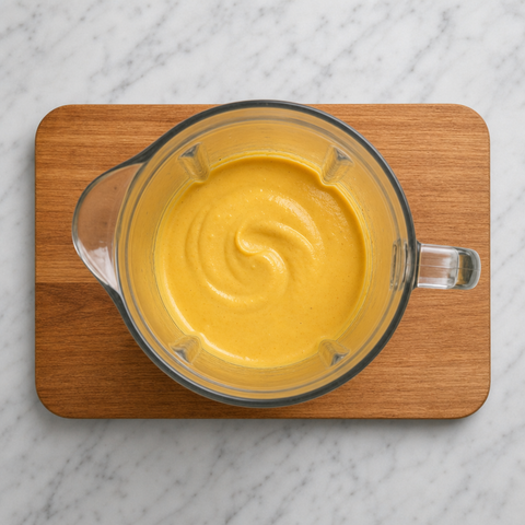 Smooth golden aji amarillo and cheese sauce in a blender