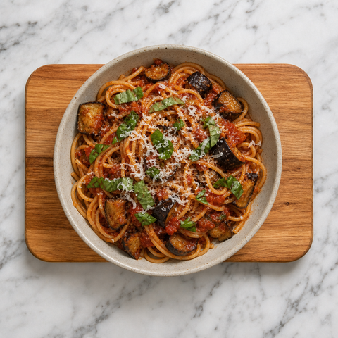 Pasta alla Norma mit Aubergine, Basilikum und geriebener Ricotta salata