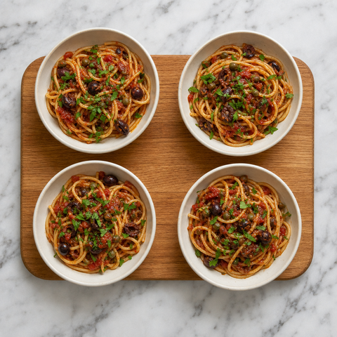 Pasta Puttanesca mit Petersilie in einer Schale