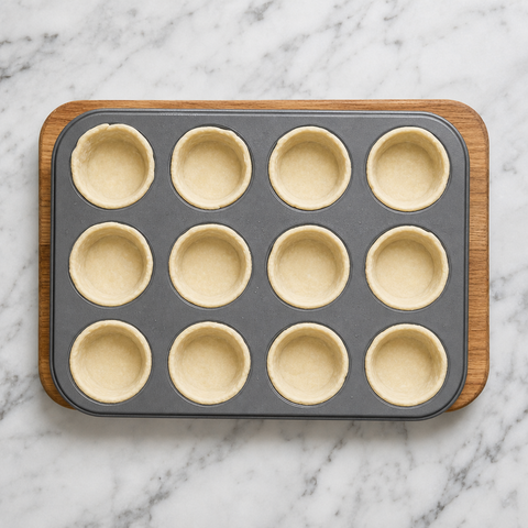 Gusci di pasta sfoglia pressati in uno stampo per muffin da dodici cavità