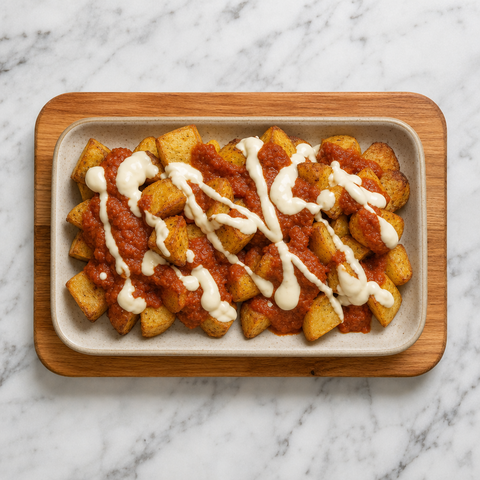 Patatas bravas topped with smoky sauce and garlic aioli