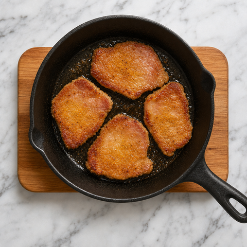 Peameal bacon slices developing a golden crust in a skillet