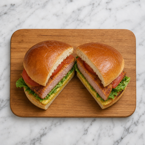 Finished peameal bacon sandwich with lettuce, tomato, mustard, and toasted bun