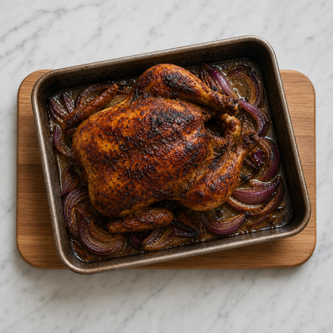 Pollo arrosto peruviano dalla pelle ben dorata su cipolle rosse arrostite