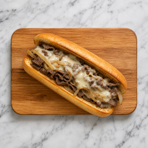 Fertiges Philly Cheesesteak mit Rindfleisch, Zwiebeln und geschmolzenem Provolone