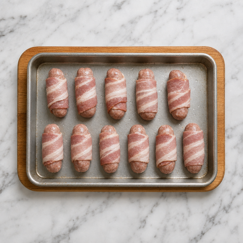 Pork sausages wrapped in bacon on a baking tray before roasting