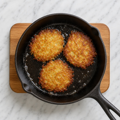 Golden-brown potato pancake with crisp lacy edges in a skillet