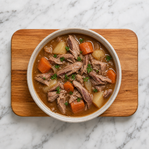 Canadian pork hock stew with root vegetables and brown gravy