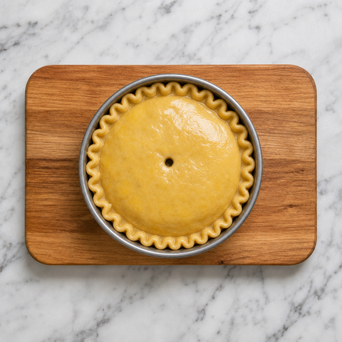 Sealed and glazed pork pie ready for baking