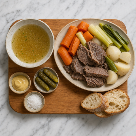 Classic pot-au-feu served with broth, vegetables, mustard, and cornichons