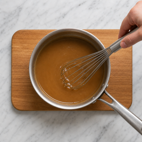 Whisking stock into a smooth gravy in a saucepan