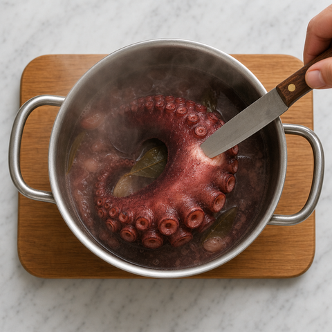 A knife testing a simmered octopus tentacle for tenderness.