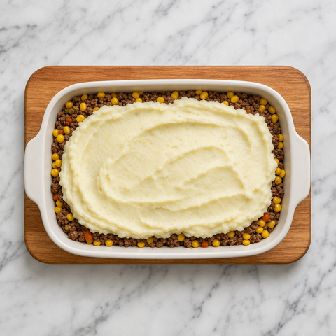 Layered beef, corn, and mashed potatoes ready for baking