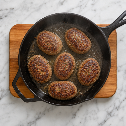 German meat patties browning in a skillet