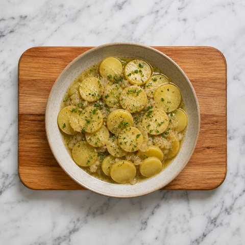 Finished potato salad with broth dressing, chives, and black pepper.