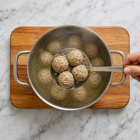 Meatballs gently poached until cooked through