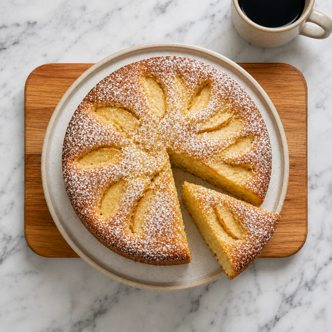 Aufgeschnittener versunkener Apfelkuchen mit Puderzucker bestäubt