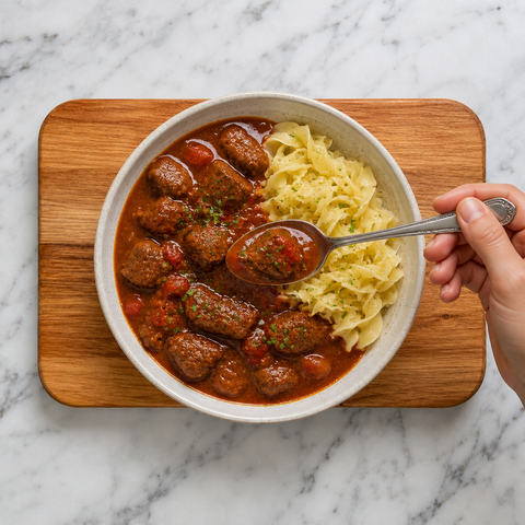 Finished Hungarian beef goulash with tender beef and glossy paprika sauce