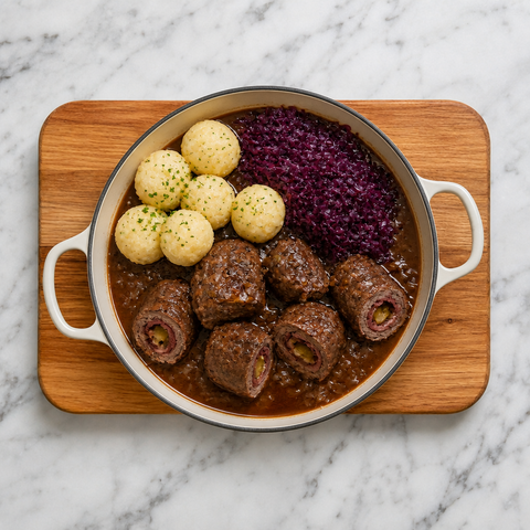 Tender beef roulades served in glossy gravy with potato dumplings