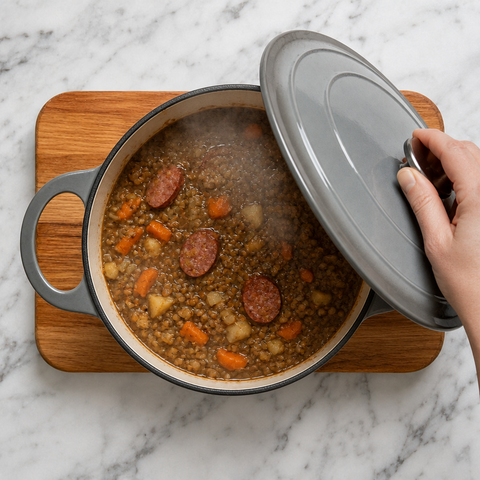 Lentil stew simmered until the vegetables are tender and lentils remain intact
