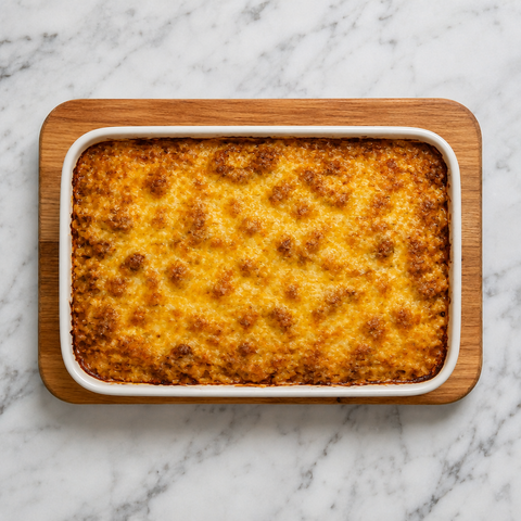 Golden bubbling cheese topping on a pasta bake