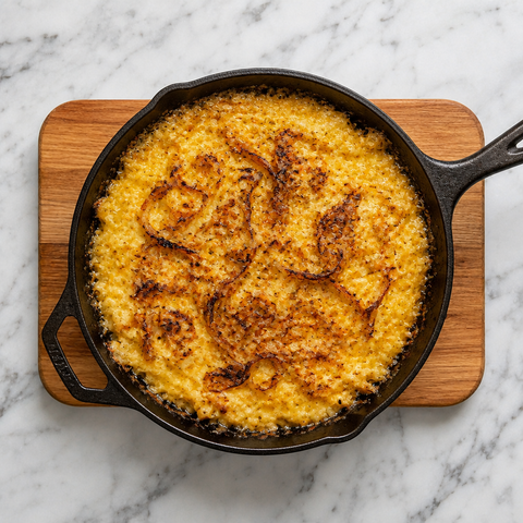 Finished Cheese Spätzle with bubbling golden cheese and caramelized onions