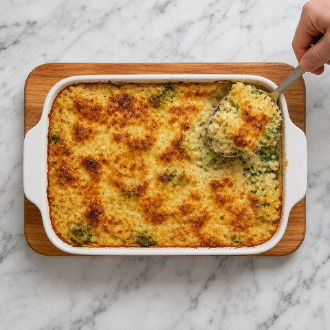 Golden bubbling broccoli pasta bake with creamy sauce and tender florets