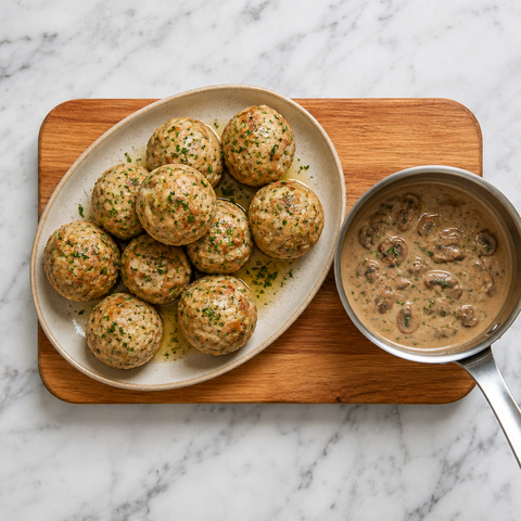 Finished buttered German bread dumplings on a serving platter