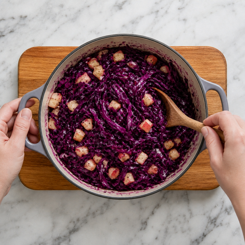 Red cabbage and apple softening in a Dutch oven