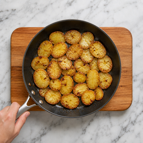 Potato slices developing a golden crisp crust in the skillet