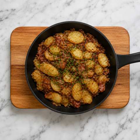 Finished pan-fried potatoes with bacon, onions, and chives