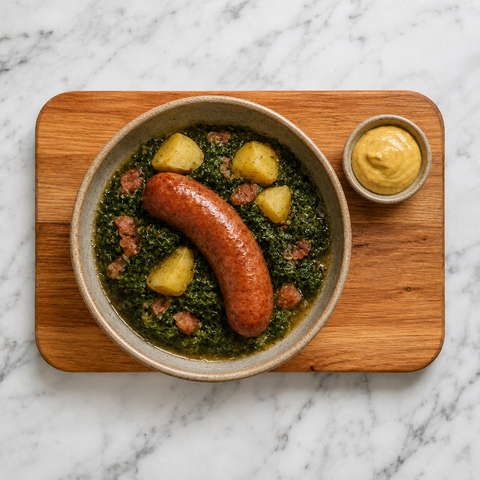 Kale with Pinkel sausage, potatoes, and bacon served in a bowl