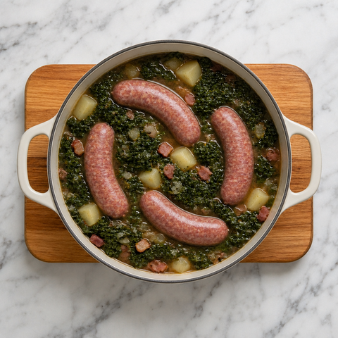 Pinkel sausages nestled in kale and potatoes