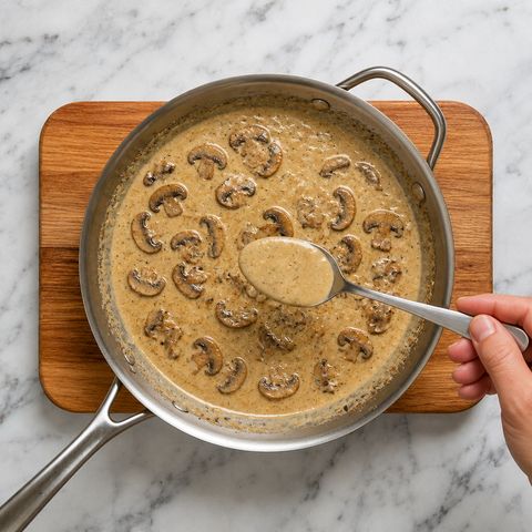 Glossy mustard cream sauce coating a spoon
