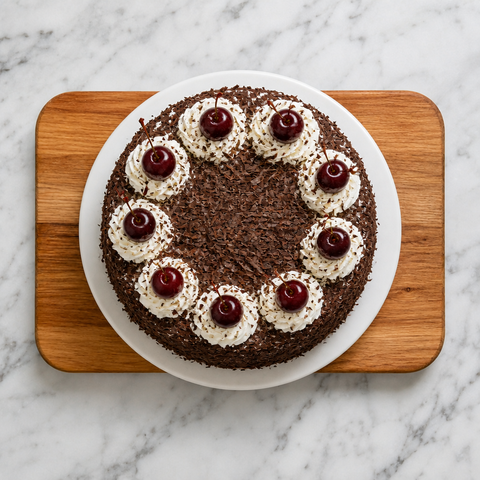 Torta Foresta Nera alle amarene finita, ricoperta di scaglie di cioccolato e amarene