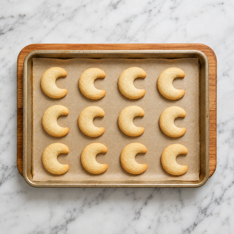 Freshly baked vanilla crescent cookies with pale centers and lightly golden edges.