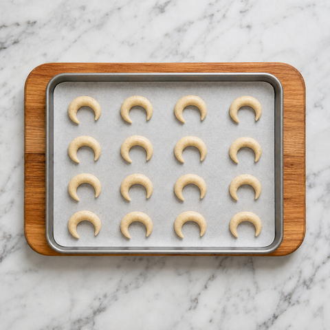 Unbaked vanilla crescent cookies shaped on a parchment-lined baking sheet.