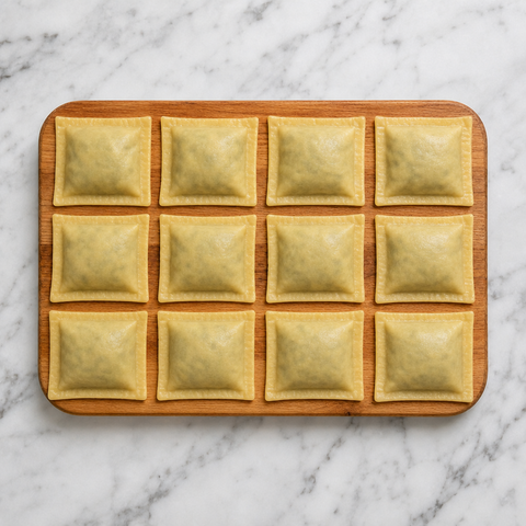 Pasta sheets folded around filling to form sealed Maultaschen