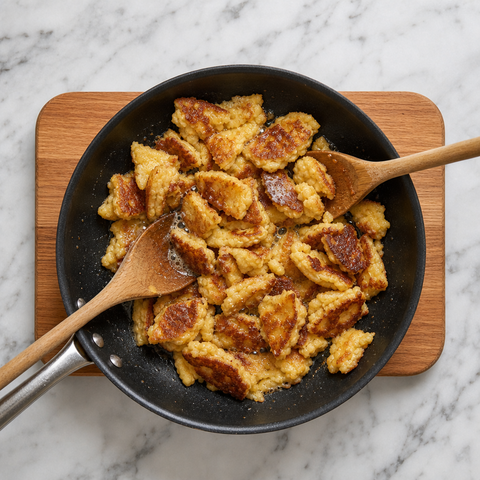 Golden shredded sweet pancake pieces crisping in butter