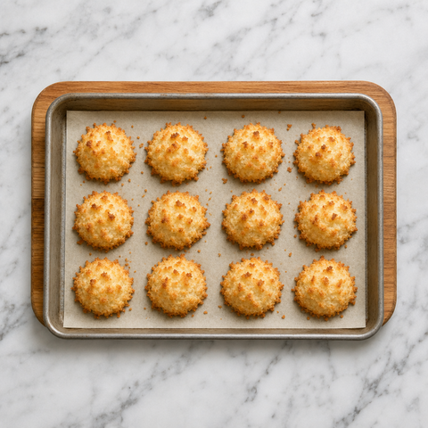 Golden coconut macaroons baked until the tips and edges are toasted
