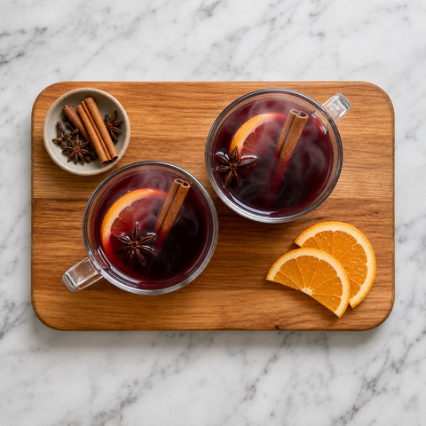 Dampfender Glühwein in Tassen mit Garnitur aus Orange und Zimt
