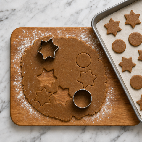 Rolled gingerbread dough being cut into cookies