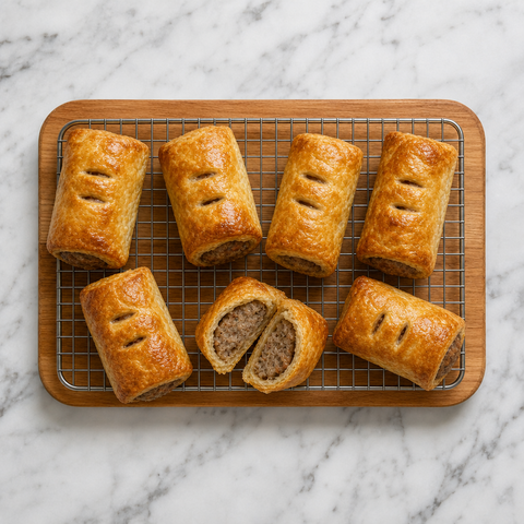 Golden British sausage rolls cooling on a wire rack