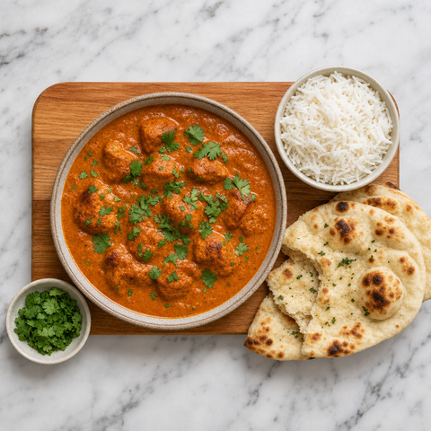 Chicken tikka masala finished with cilantro and served with rice and naan