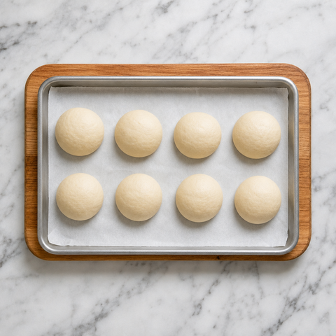 Eight shaped bread rolls arranged on a parchment-lined tray