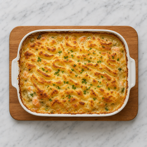 Golden-topped British fish pie fresh from the oven