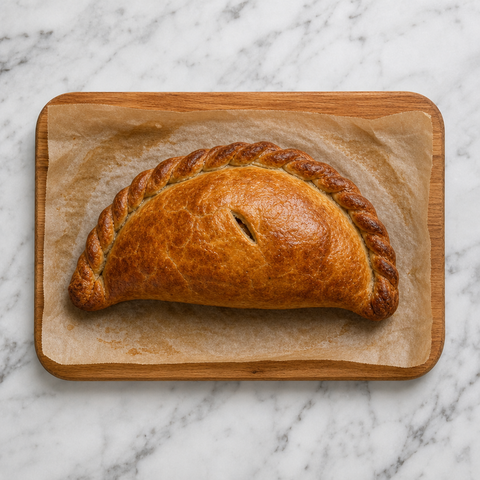 Freshly baked golden Cornish pasty with a crimped crust