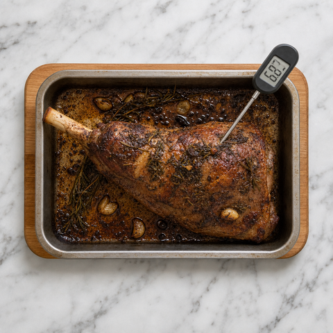 Roast leg of lamb browned and checked with a meat thermometer.